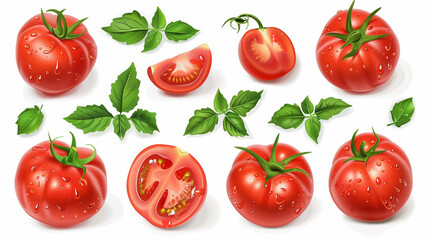 Set of vector realistic illustrations with tomatoes, tomato slices and basil leaves on white background. Tomatoes in different positions. Isolated illustration for design use. , stock photo, high reso