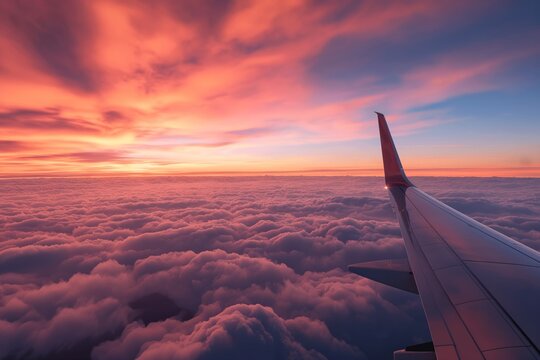 A captivating view of an airplane wing flying above the clouds at sunset with space for text