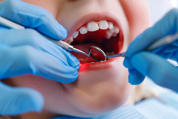 Close-up of dental examination and treatment in progress on a child. Concept of children's oral health.