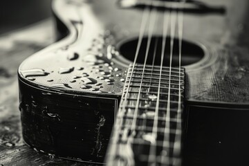 Crossed Vintage Acoustic Guitars in Classic Black-and-White Style for Retro Music or Country Bass Design - obrazy, fototapety, plakaty