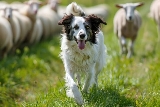 Cute Aussie Dog Herding Sheep on Green Grass Farm: A Charming Pet Animal Spaniel in Action
