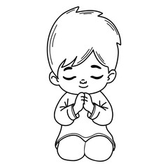 Praying boy on his knees with folded hands in prayer. Linear hand drawing. Coloring book. Religious believer male child character. Kids collection