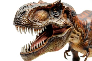 Dino Menace: Extreme Closeup of Terrifying T-Rex Monster Figurine with Sharp Teeth and Menacing Jaw on White Background
