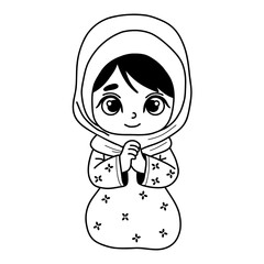 Cute praying little girl in headscarf. Linear hand drawing, coloring book. Religious believer child character. Vector illustration. Kids collection