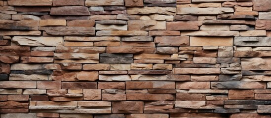 A close up of a brick wall showcasing a variety of bricks in brown, wood, and beige hues. The...