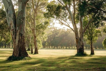 Eucalyptus Trees in the Park Outdoors. Natural Beauty of Gum Trees with Green Leaves and Textured Bark in Forest