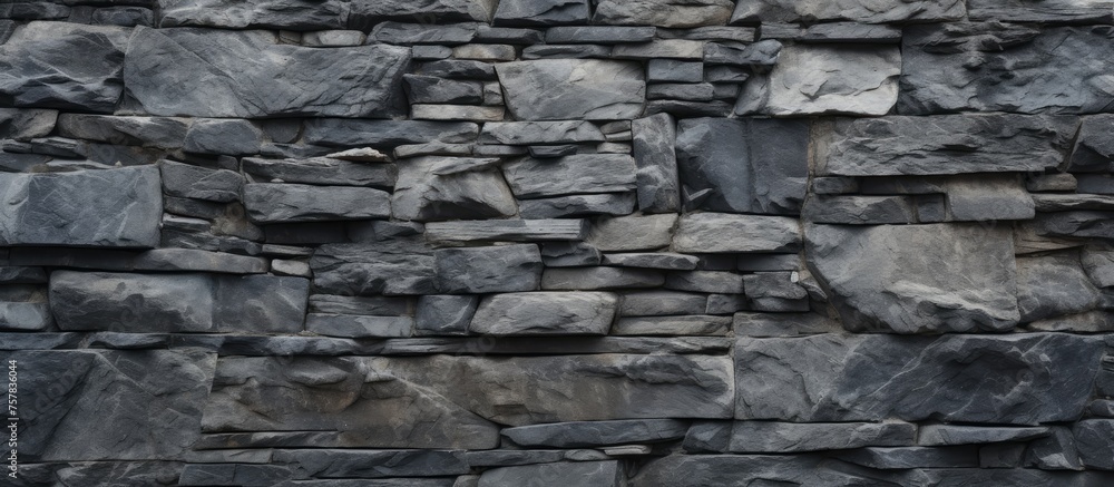 Poster a close up of a grey stone wall made up of various rocks, showcasing the intricate brickwork and com