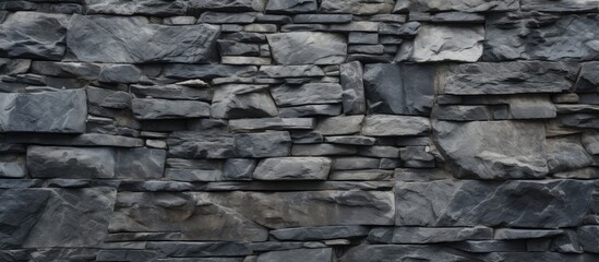 A close up of a grey stone wall made up of various rocks, showcasing the intricate brickwork and composite materials used as building material
