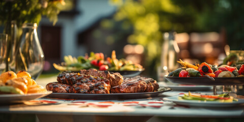 Grilled meat and vegetables on a table in the backyard of a house. Barbecue party on a sunny day.