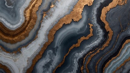 Gray agate marble backdrop with bronze accents, natural surface for chic wallpapers, posters, and versatile design projects