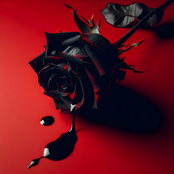 A black rose, long stem, withered, a drop of blood on the rose petal, on a red background.