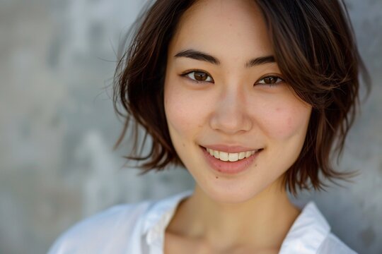 Smiling Asian Woman in White Shirt and Short Hair Generative AI