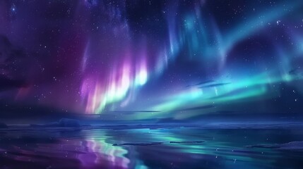 Majestic Northern Lights (Aurora Borealis) illuminating the night sky over a frozen landscape.