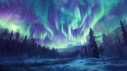 Stunning Aurora Borealis display over a snowy forest landscape and starry night sky.