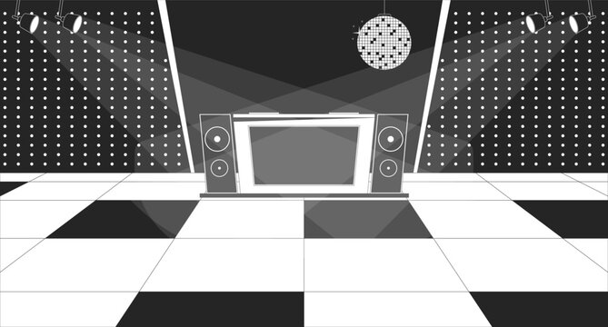Disco club dancefloor black and white line illustration. 80s style musical party. Dj set in club. Vintage nightclub 2D interior monochrome background. Discotheque outline scene vector image