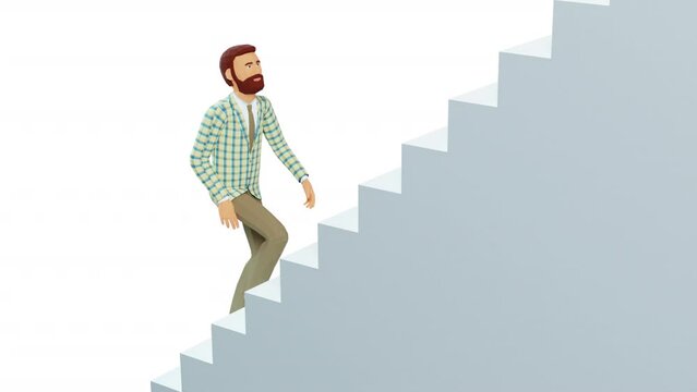 A bearded 3D man climbs a set of white stairs. Staircase to Heaven. 3D looped animation with alpha channel