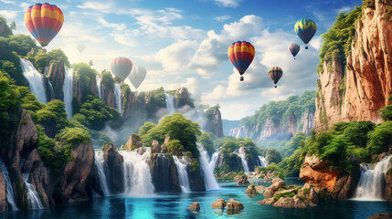 Colorful hot air balloons fly over the waterfall in forest and blue sky with clouds. - obrazy, fototapety, plakaty
