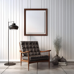 Canvas mockup in minimalist interior background with armchair and rustic decor. Generative ai art. Mockup frame in living room.
A serene and inviting image of a wooden table with a blank picture frame