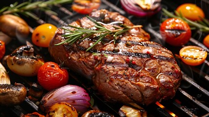 Sizzling Steak with Seasonings and Vegetables Generative AI