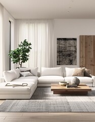 Modern Living Room with White Furniture and Wooden Table Generative AI