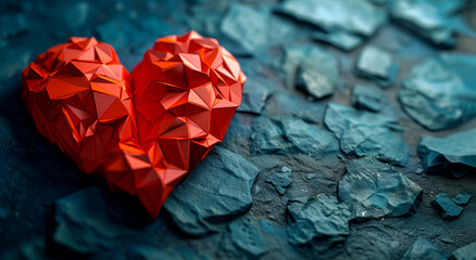 A bright red paper heart on a designer background.