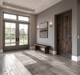 Modern Farmhouse Living Room with Open Door and Bench Generative AI
