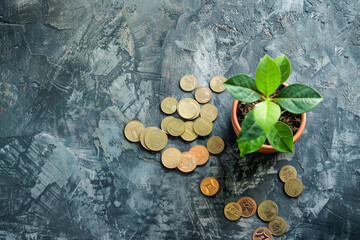 Small plant growing on the black surface and coins, green economic and financial sustainable development concept by generative AI.
