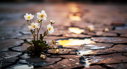 Small flowers are growing on the cracked and waterlogged road. There are reflections of flowers on the surface of the water as the morning sun shines on them. 