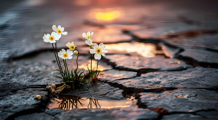 Small flowers are growing on the cracked and waterlogged road. There are reflections of flowers on the surface of the water as the morning sun shines on them. 