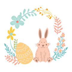 Composition with easter bunny, egg and flowers. Wreath