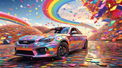 A Relic Reborn: A Classic Sports Car Bathed in Rainbow Hues, a Testament to Enduring Passion Against a Fiery Sunset.