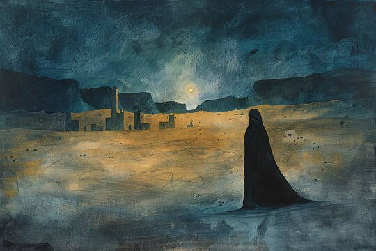 Moonlit Night in the Desert: A Surreal Painting of a Lone Figure in a Black Robe Generative AI