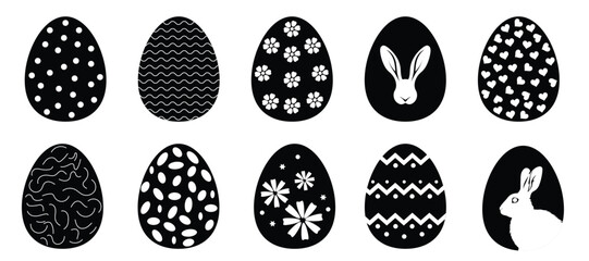 Easter eggs silhouette. Set of black and white eggs. Vector illustration.