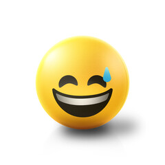 Sweatdrop smiling Emoji stress ball on shiny floor. 3D emoticon isolated.