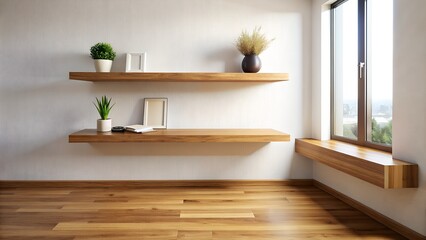 Fototapeta na wymiar Modern Wood Floating Shelf on White Wall