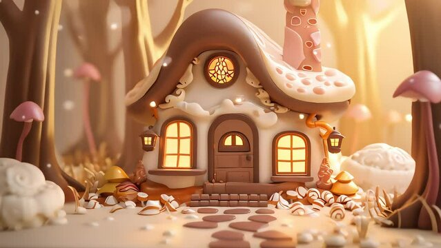 3D illustration of chocolate candy house on chocolate candy forest background