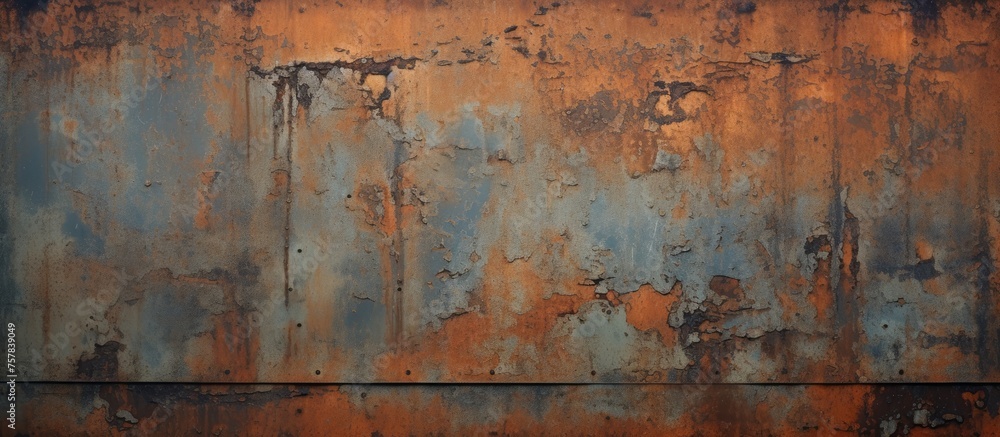 Poster a close up of a weathered metal wall with a rusty brown hue, resembling a abstract painting with a l