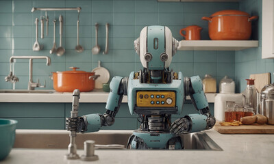 A robot fixing pipes in a kitchen doing labor works of plumbers