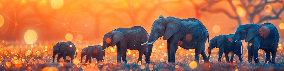 elephants at sunset. extraordinary lighting. advertising banner. generative ai