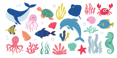 Cute aquatic animals, shells and plants