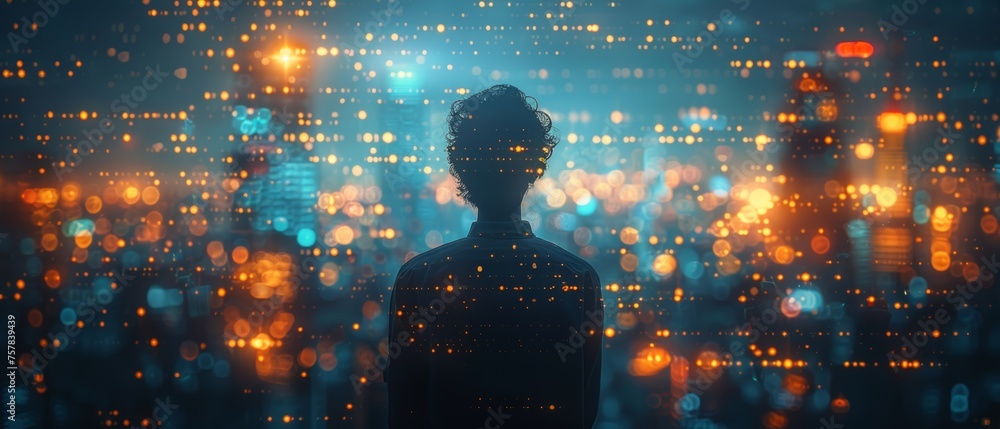 Poster business person working on the computer against a technological background
