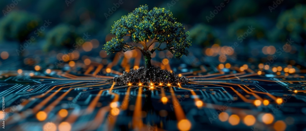 Leinwandbilder an image of a tree with soil growing on a computer circuit board with blue light and wireframe netwo