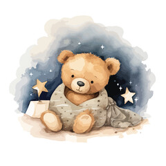 Watercolor Teddy Bear Lullaby Clipart isolated on white