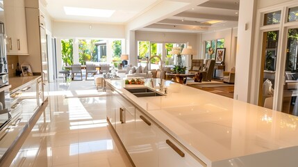 Luxurious Open-plan Kitchen and Living Room in Modern Mansion with Tropical Garden View