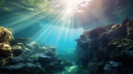 Sea rocky bottom under transparent blue water. Clear turquise lake surface rippled with sun ray reflection.