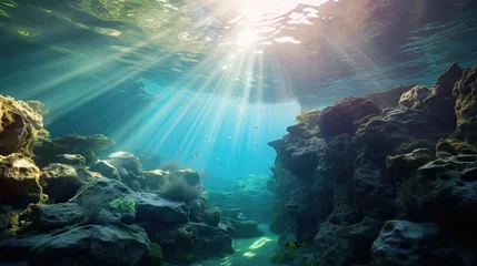 Fotobehang Sea rocky bottom under transparent blue water. Clear turquise lake surface rippled with sun ray reflection. © May