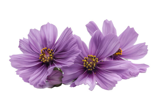 This macro image shows purple colored cosmos flowers isolated on a white background with a large depth of field (DOF).