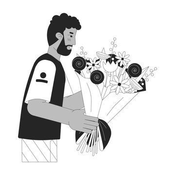 Bearded black man holding bouquet black and white 2D line cartoon character. Getting flowers african american male isolated vector outline person. Floral congrats monochromatic flat spot illustration
