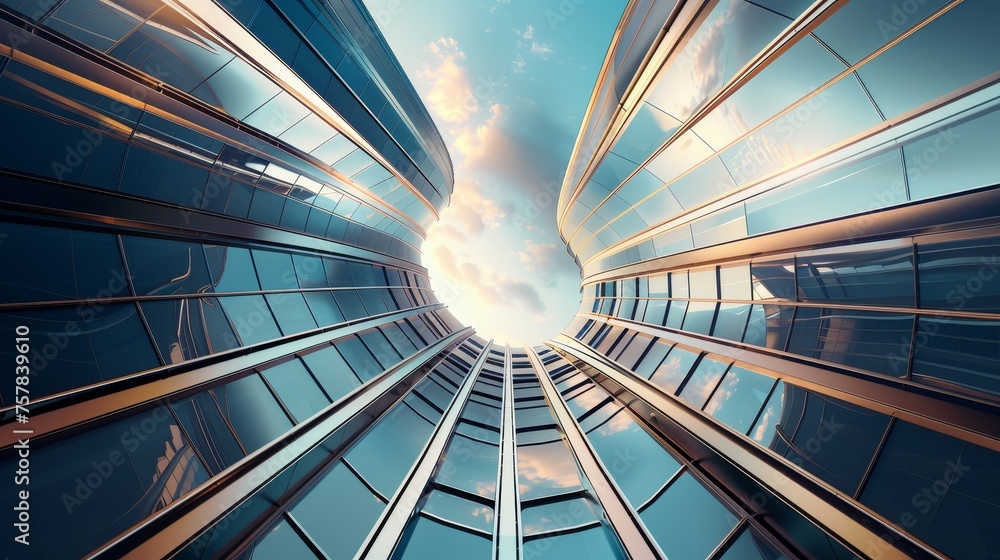 Poster a low angle view of futuristic architecture, with a skyscraper of an office building with curved gla