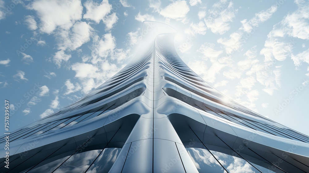 Aufkleber skyscraper office building with cloud reflected on window, low angle view in 3d.